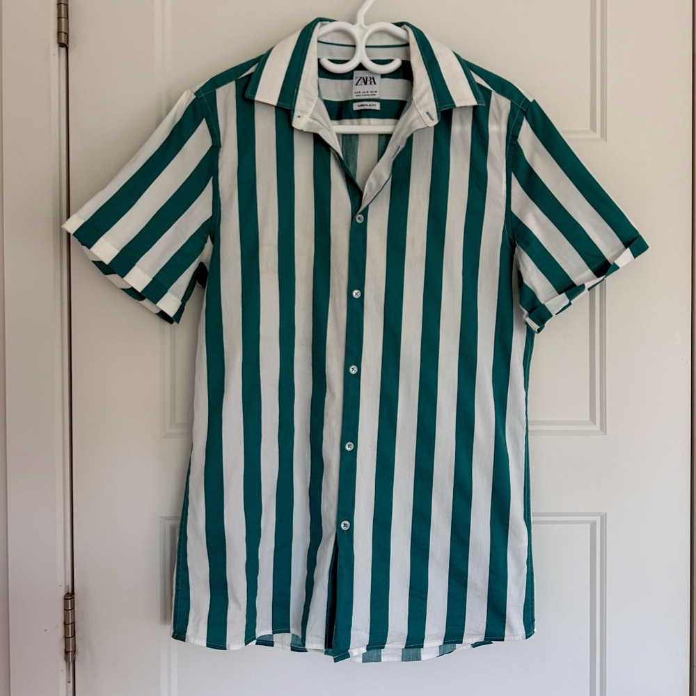 ZARA MEDIUM MEN'S SHIRT WITH GREEN AND WHITE STRIPES SLIM FIT